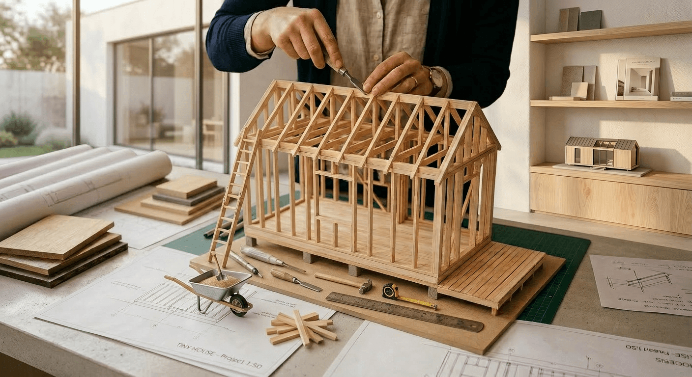 Workshop med husmodell och rittavla — designa ditt eget tiny house