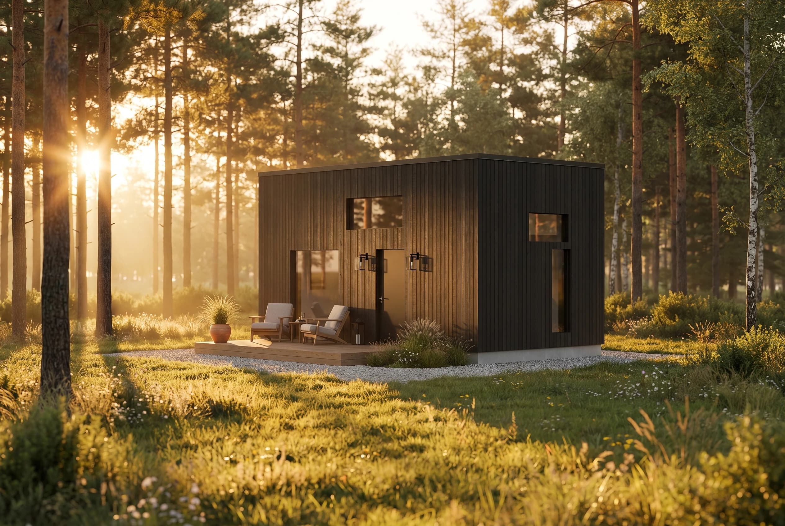 Saga — 4×7.45m platt tak, mörkt kolat timmer i naturen, gyllene timme