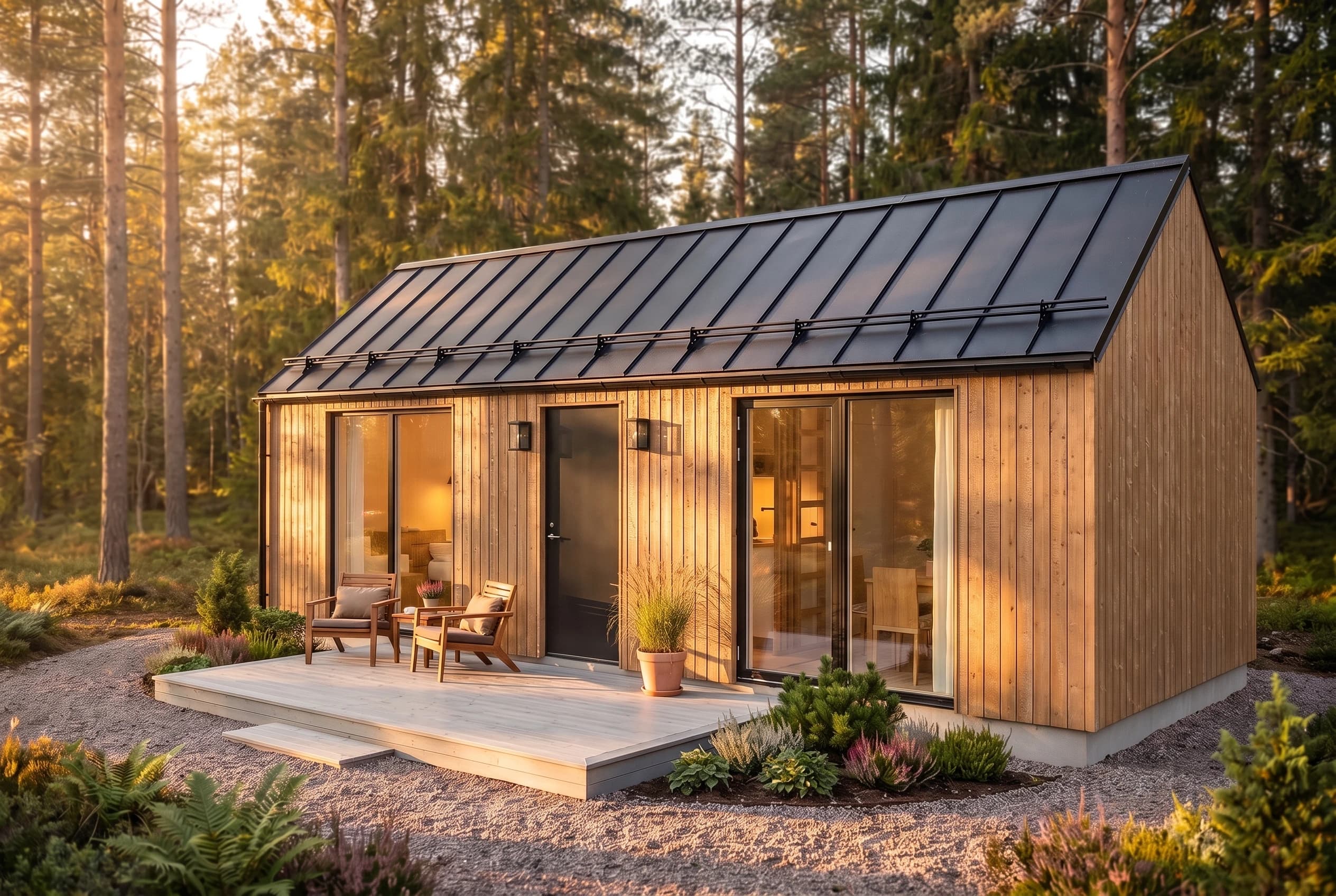 Loke 30 — attefallshus i naturligt ljust timmer med V-tak, i sommargrön skog under guldtimmen